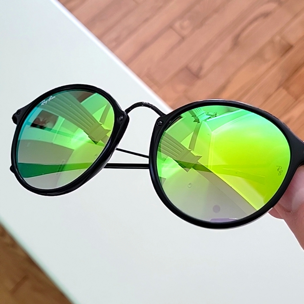 Ray-Ban Round Fleck Sunglasses, Green Mirrored Lenses with Black Frame,  RB2447